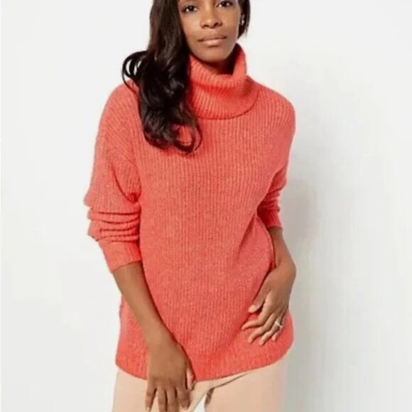 Candace Cameron Bure Sz XXXS Coral Orange Step Hem Long Sleeve Turtleneck Cowl - Picture 1 of 14